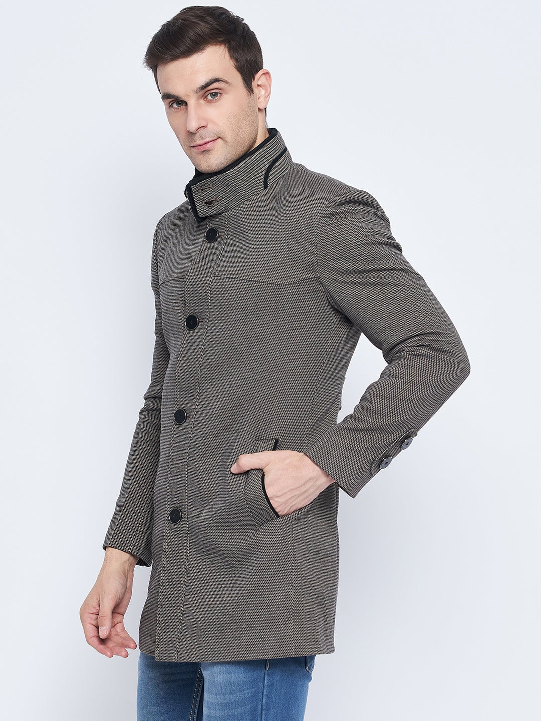 Camla Barcelona Stand Collar Chequered Black Woolen Coat