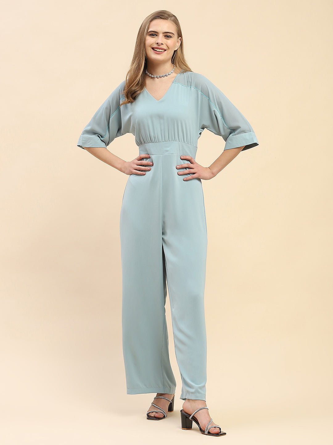 Camla Barcelona Trumpet Sleeve Powder Blue V-Neck Jumpsuit