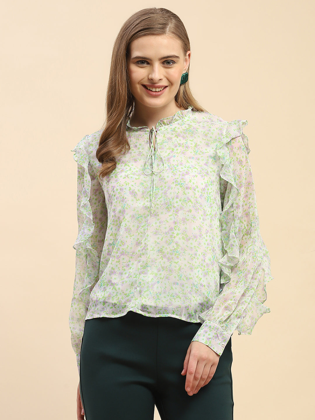 Camla Barcelona Ruffle Detailed White Floral Top