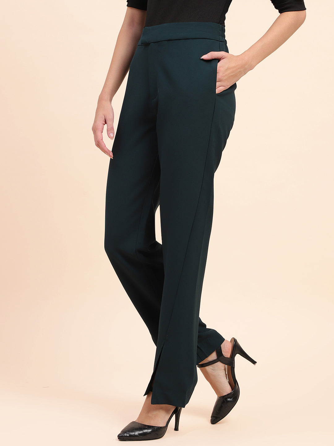 Camla Barcelona Side Slit Salem Blue Straight Fit Trousers