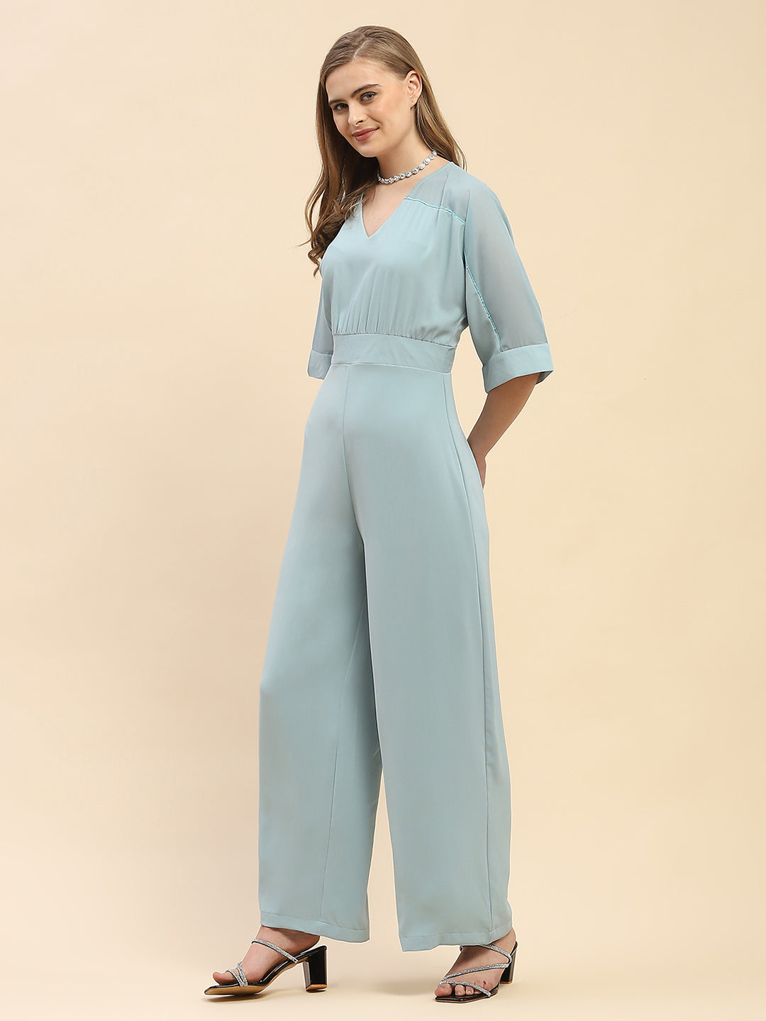 Camla Barcelona Trumpet Sleeve Powder Blue V-Neck Jumpsuit