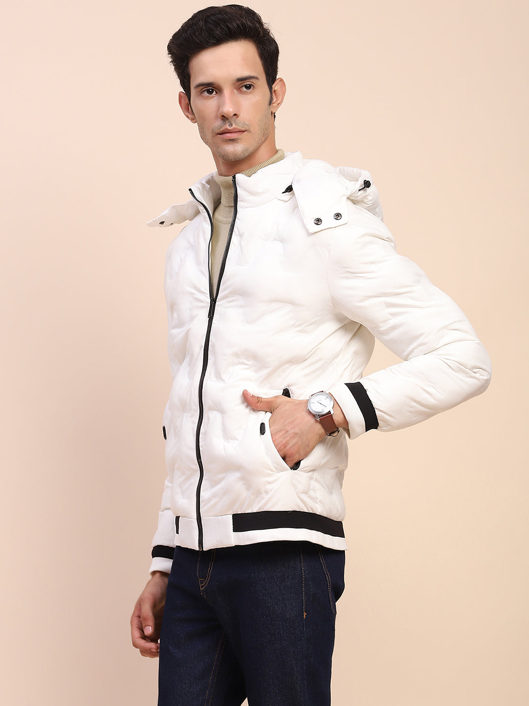 Camla Barcelona Puffed Textured White Zipped Jacket
