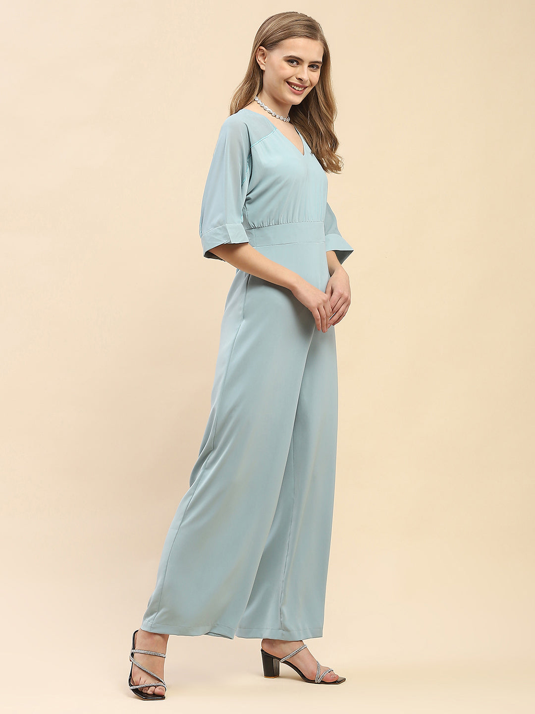 Camla Barcelona Trumpet Sleeve Powder Blue V-Neck Jumpsuit