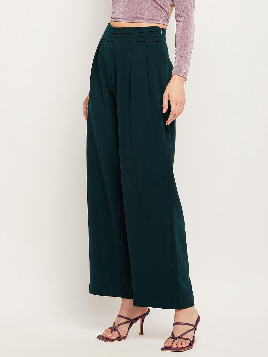 Camla Barcelona Pleated Wide Leg Bottle Green Trousers For Women