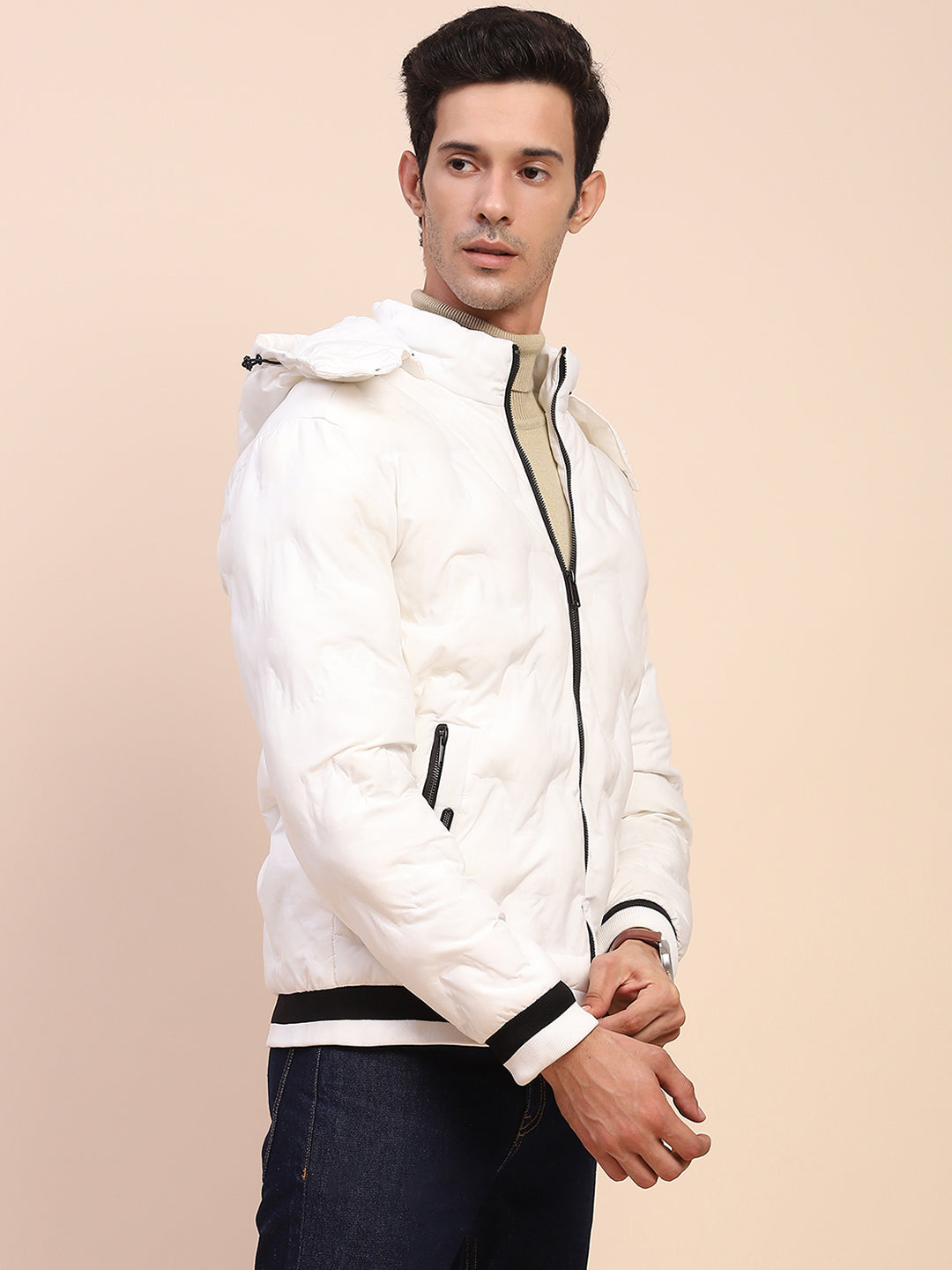 Camla Barcelona Puffed Textured White Zipped Jacket