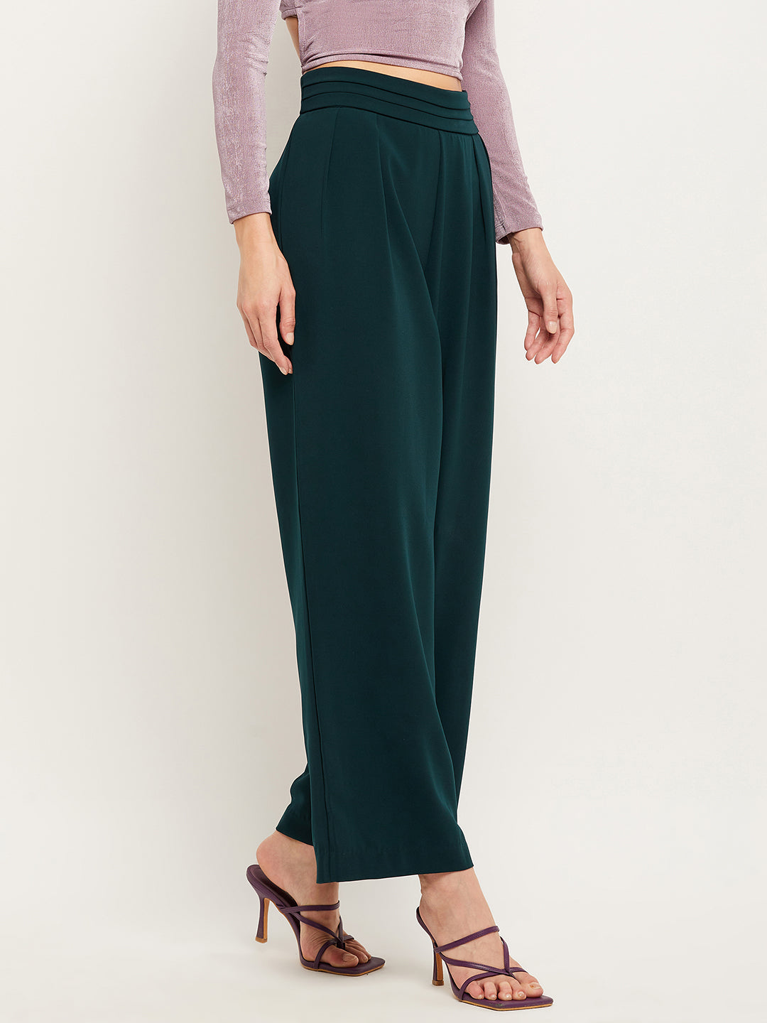 Camla Barcelona Pleated Wide Leg Bottle Green Trousers For Women
