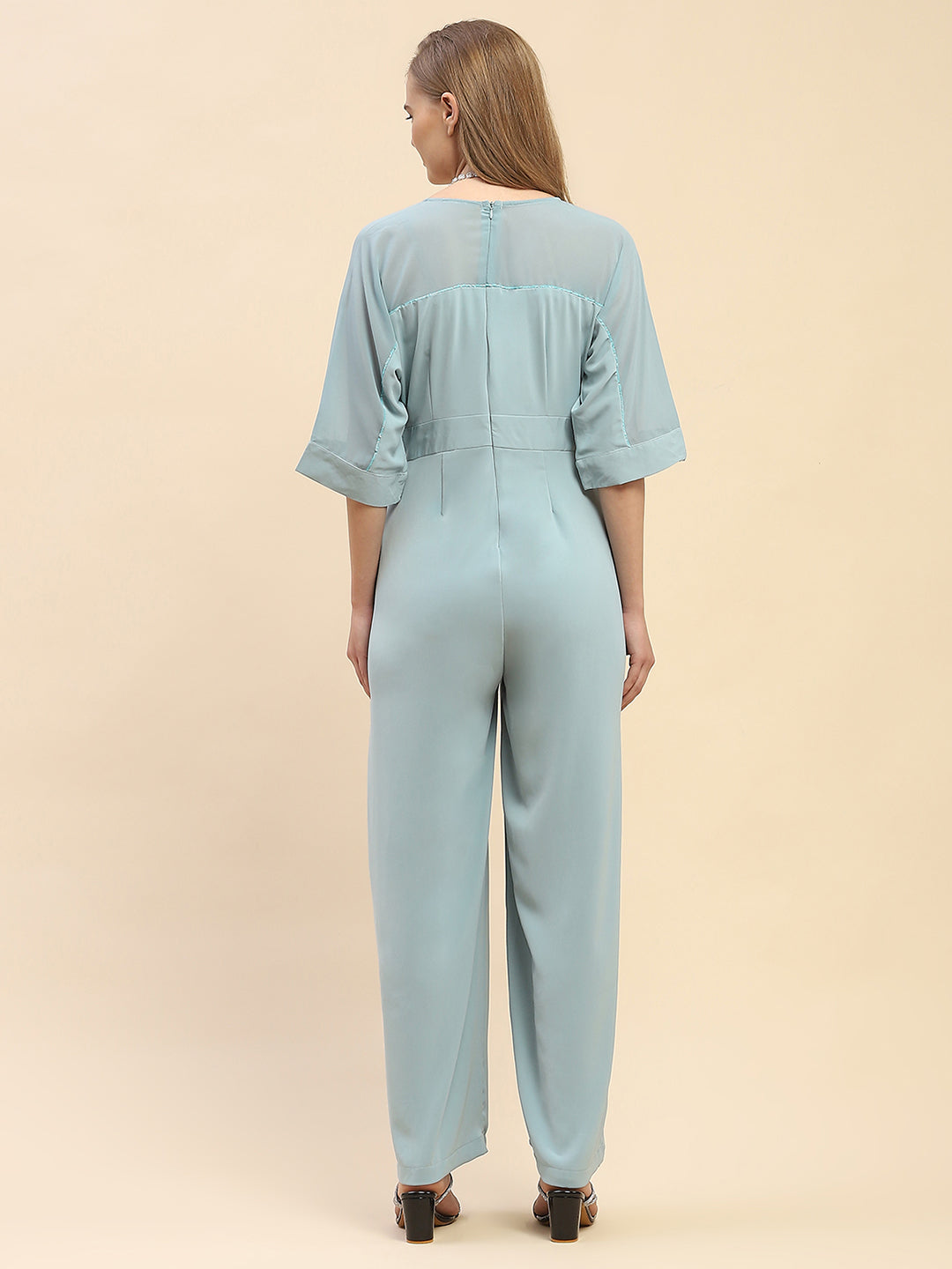 Camla Barcelona Trumpet Sleeve Powder Blue V-Neck Jumpsuit