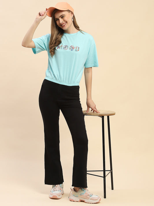 Camla Barcelona Embellished Typography Sky Blue Elasticated Waist T-Shrit