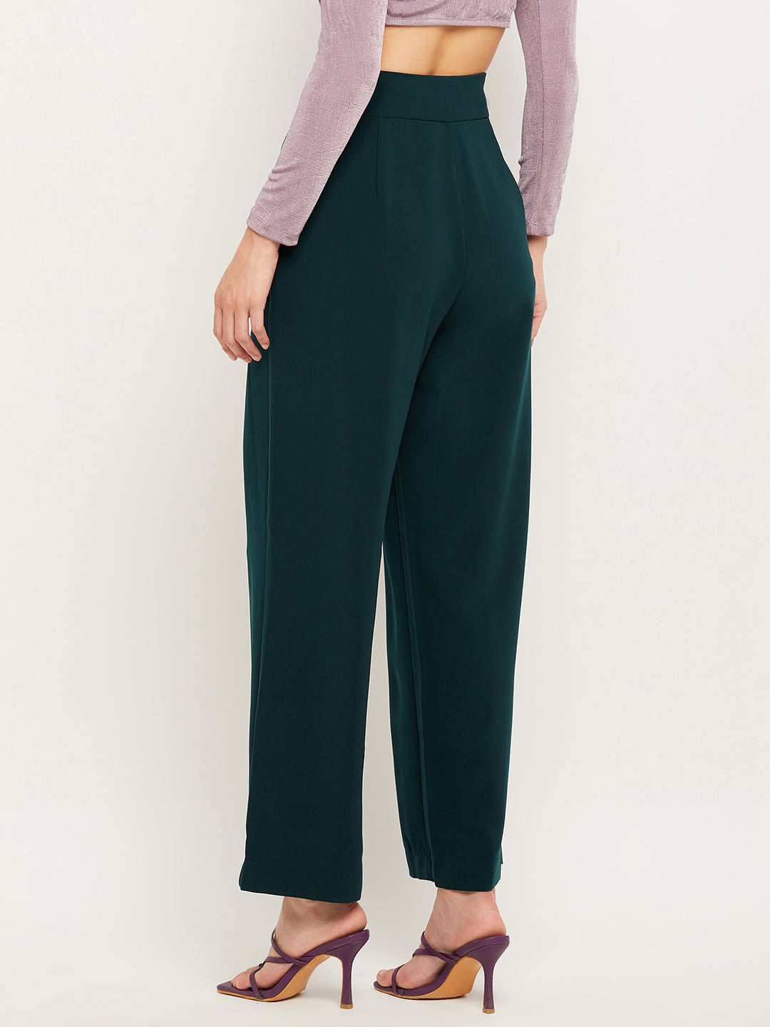 Camla Barcelona Pleated Wide Leg Bottle Green Trousers For Women