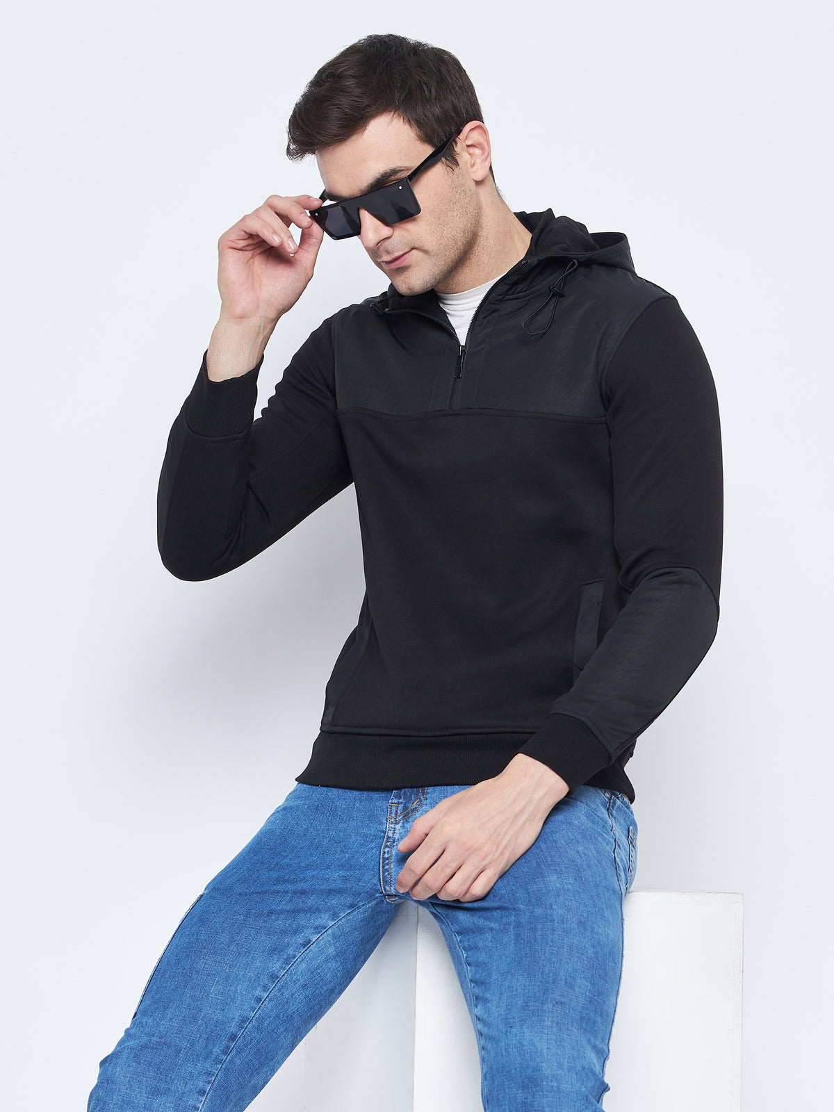 Camla Barcelona Men'S Zip Top Closure Black Hooded Sweatshirt