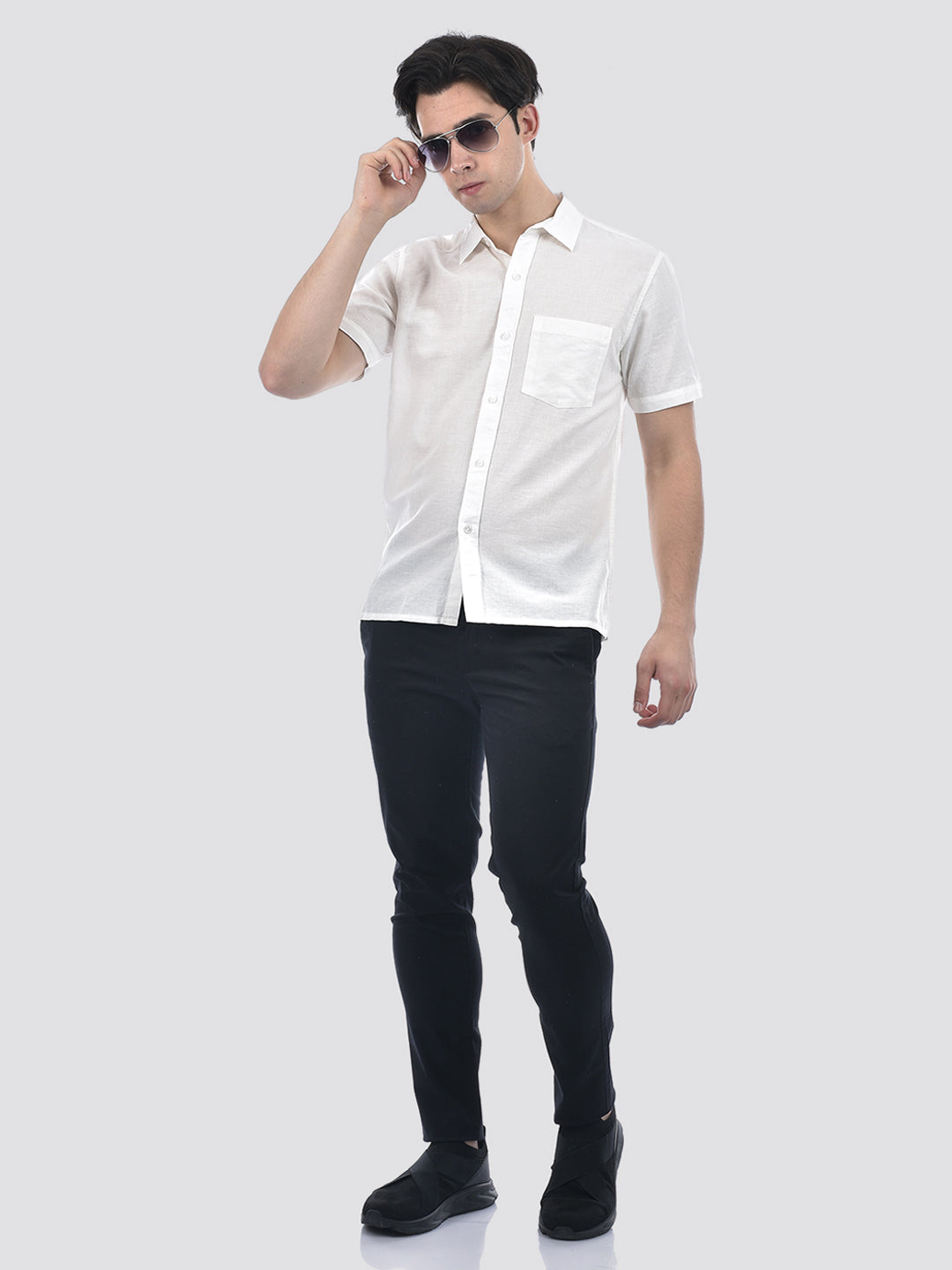 Camla Barcelona Patch Pocketed Linen Blend White Shirt