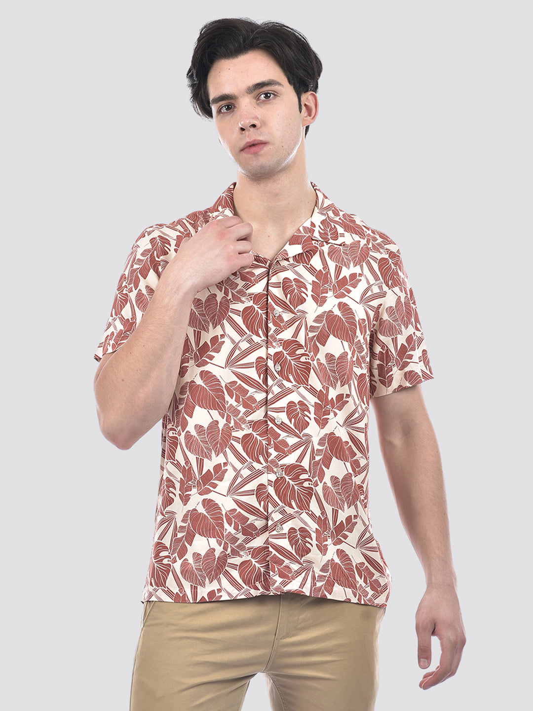 Camla Barcelona Botanical Print Warm Brown Rayon Shirt