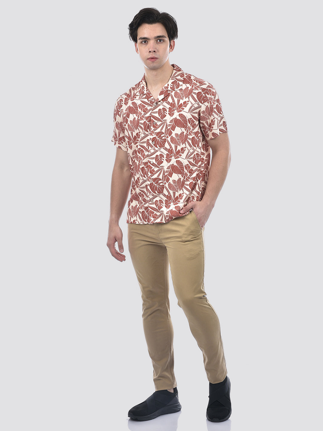 Camla Barcelona Botanical Print Warm Brown Rayon Shirt