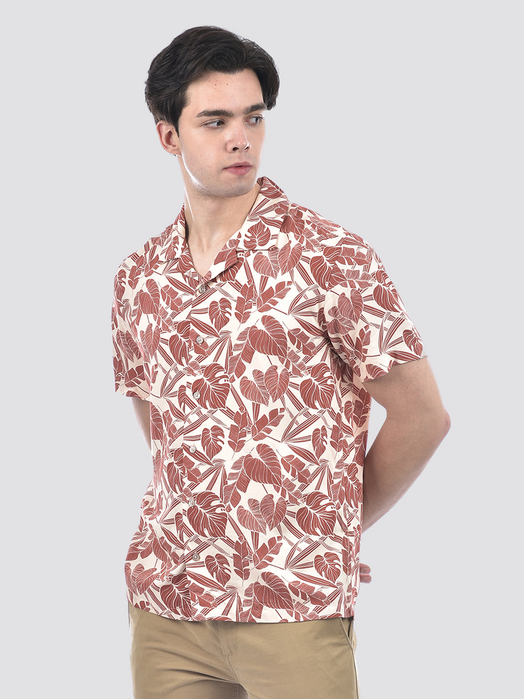 Camla Barcelona Botanical Print Warm Brown Rayon Shirt