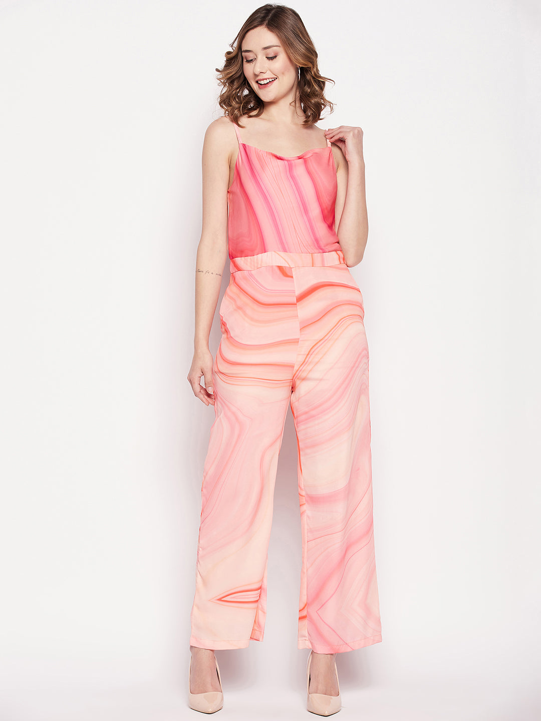Camla Peach Satin Jumpsuit For Women